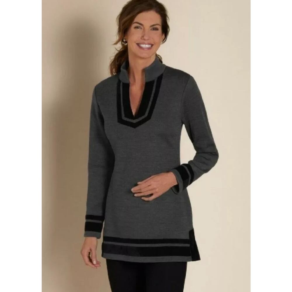 Soft Surroundings Runway Wool Blend Tunic Sweater 3X Velvet Trim Pullover Gray